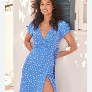 Lulu's Blue and White Wrap Midi Dress with Sleeves